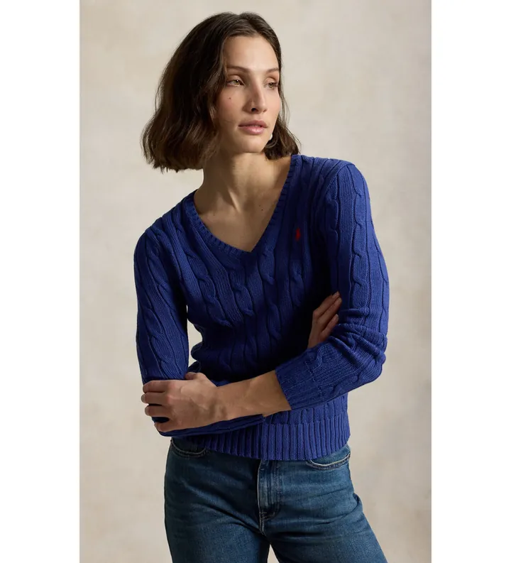 Polo Ralph Lauren para mujer. 211971870510 Jersey de algodón en punto de ochos azul (L), Casual, Manga larga
