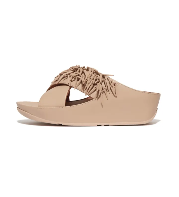 Fitflop para mujer. HQ5-A94 Sandalias de piel Rumba Beaded Cross slides beige (37), Ecopiel, 3 a 5cm, Ninguno, Casual