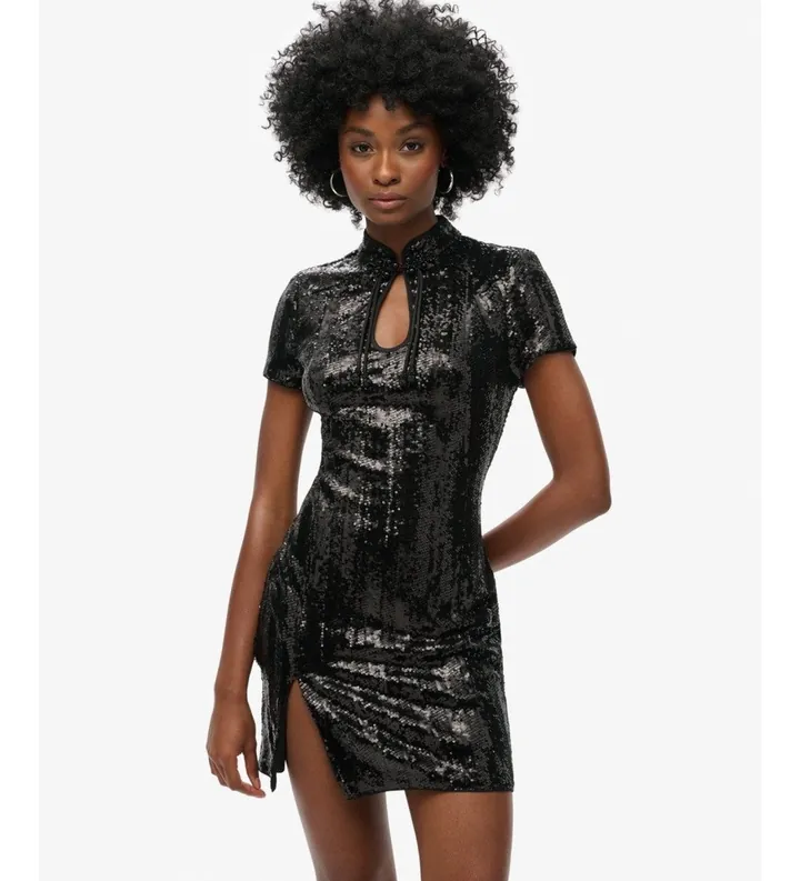Superdry para mujer. W8011769A Vestido Mandarin Sequin negro (M), Casual, Fiesta, Nylon, Manga corta