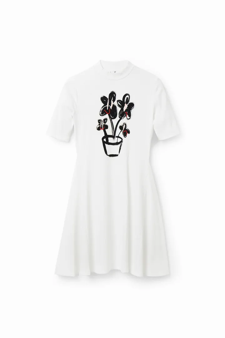 Desigual, Vestido mini skater planta, Viscosa, Blanco, L