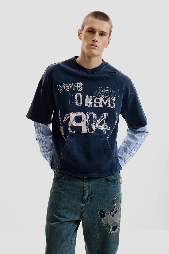 Desigual, Sudadera manga larga estampada, Hombre, Algodon, Azul, L