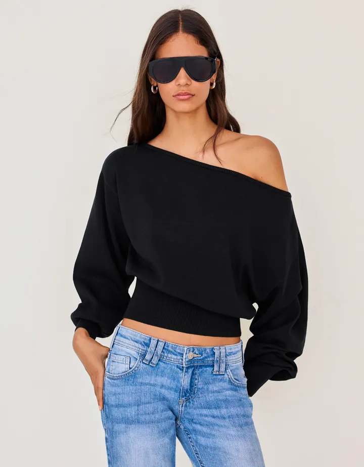 Bershka Jersey Cuello Asimétrico Mujer L Negro