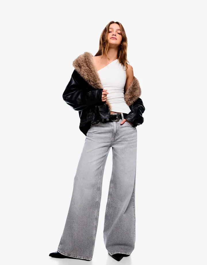 Bershka Jeans Wide Leg Tiro Medio Mujer 32 Gris
