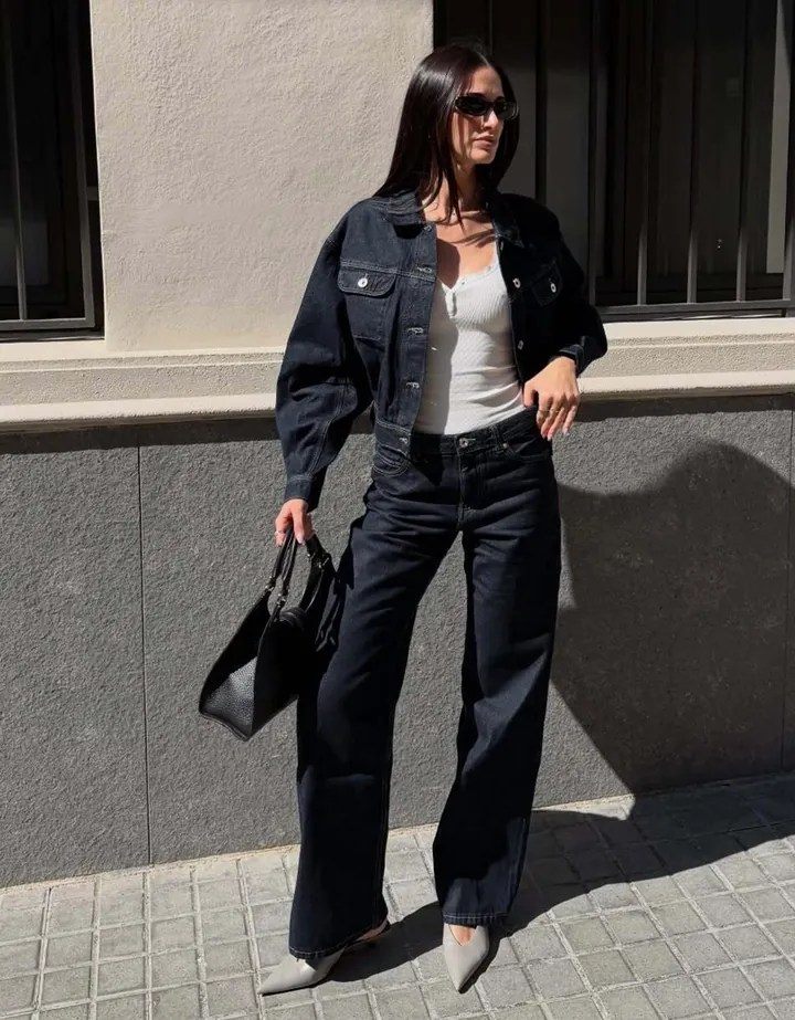 Bershka Chaqueta Denim Balloon Cropped Mujer L Marino