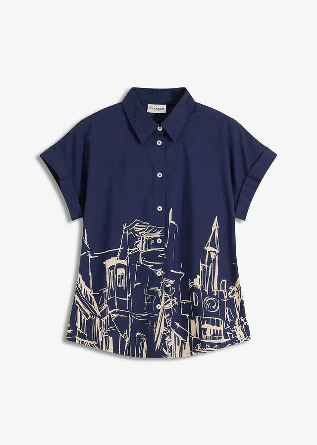 Blusa holgada de algodón de popelín con manga corta