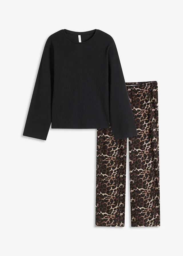 Pijama con camiseta de canalé y pantalón ancho