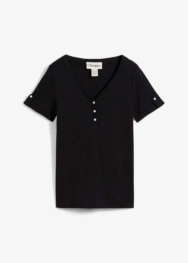 Camiseta tipo henley de canalé de algodón puro