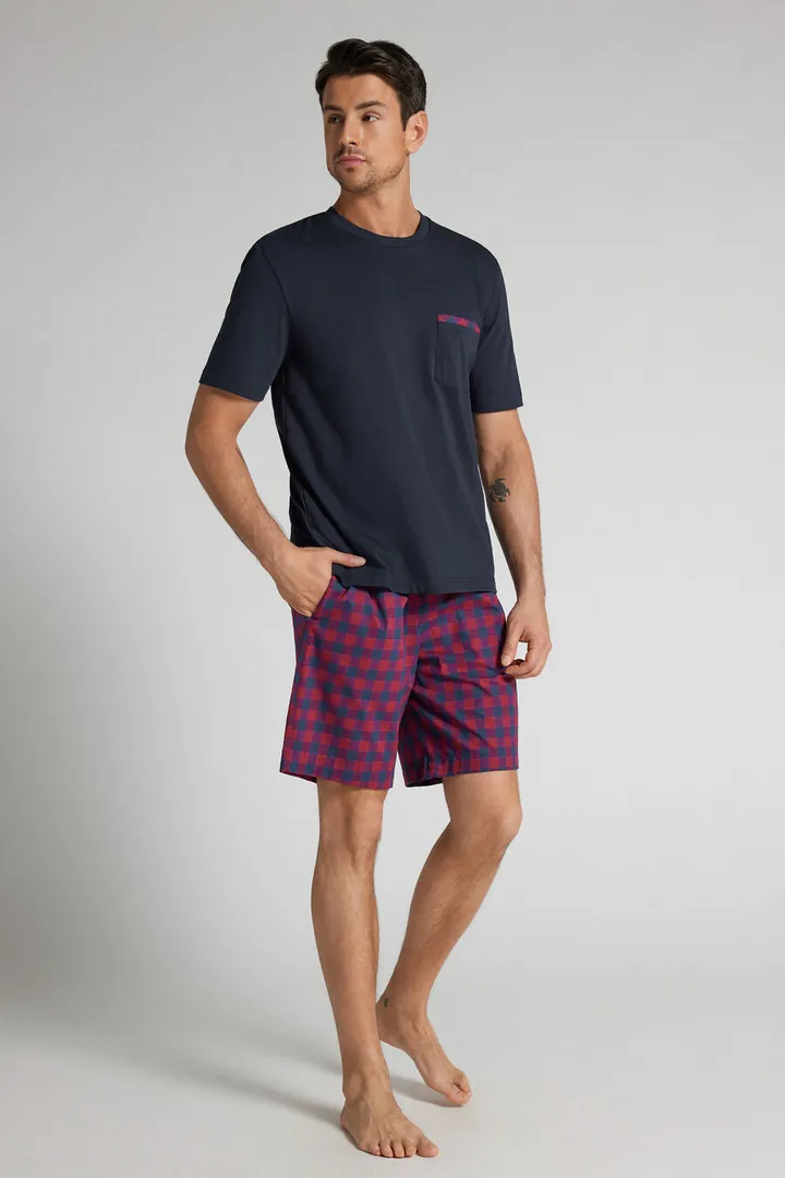 Intimissimi Pijama Corto de Algodón y Tela Estampado Cuadros Rojo y Azul Hombre Azul Tamaño L