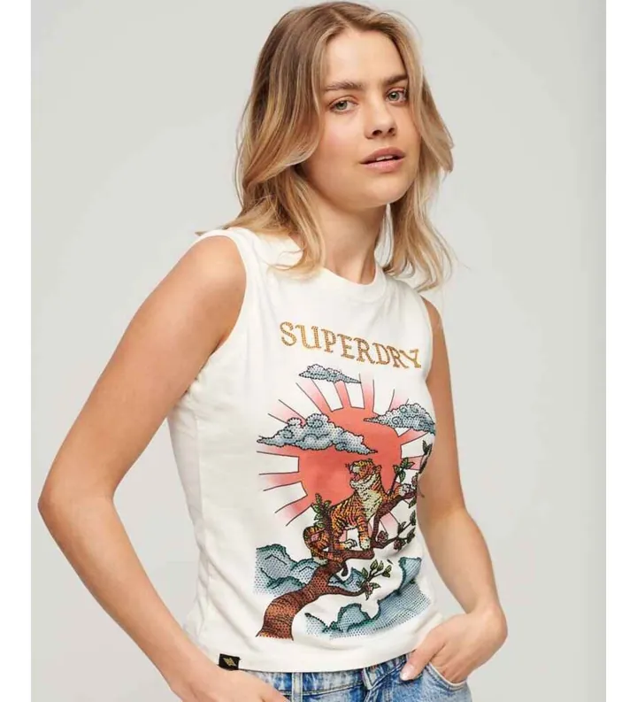 Superdry para mujer. W6011781A Camiseta Tattoo blanco (S), Casual, Algodón, Sin mangas / Tirantes