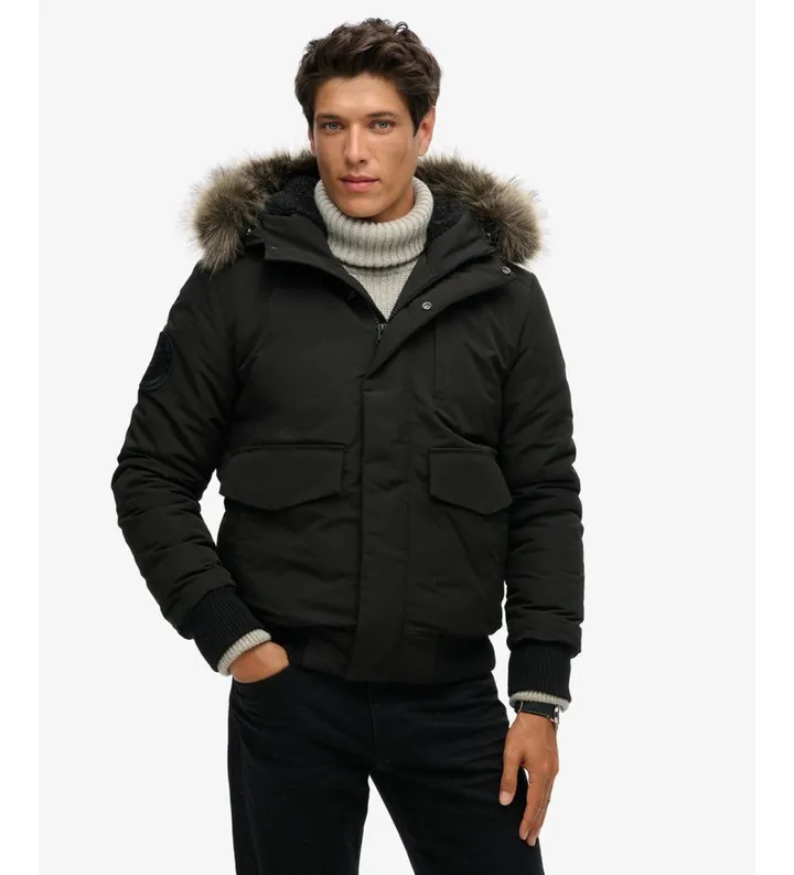 Superdry para hombre. M5011742A Chaqueta Bomber Acolchada con capucha Everest negro (L), Casual, Poliéster