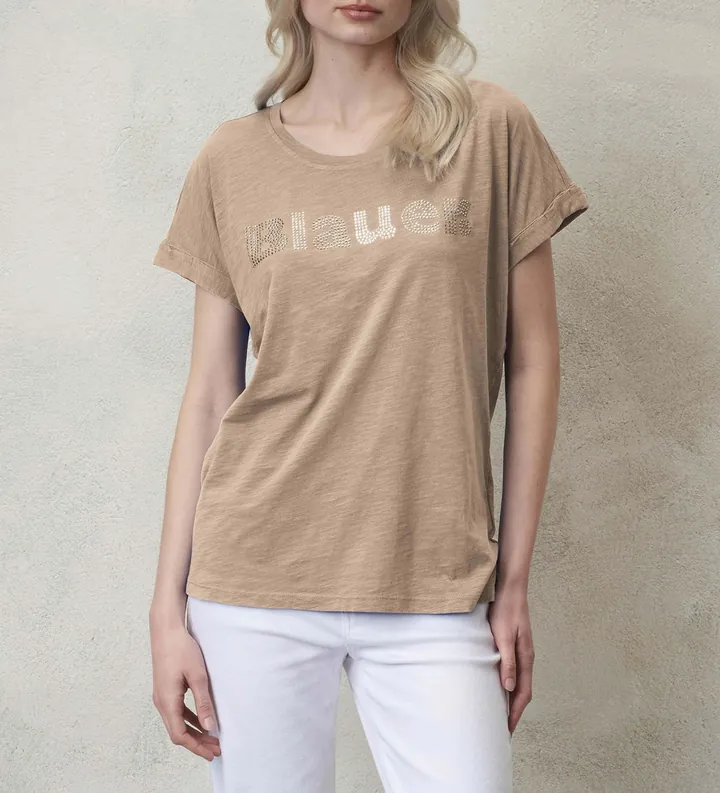 Blauer para mujer. 24SBLDH02336 Camiseta Glitter beige (XS), Casual, Algodón, Manga corta
