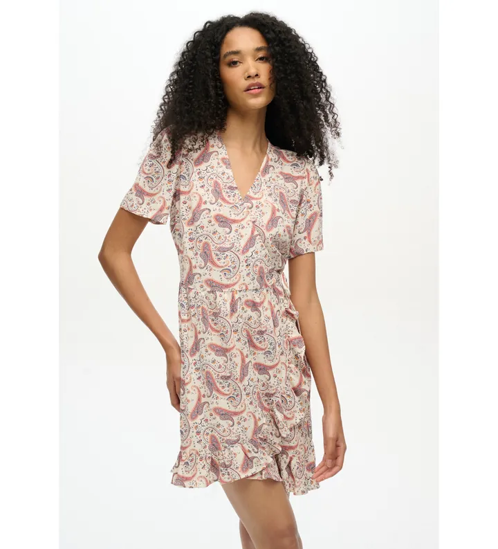 Superdry para mujer. W8011877A Vestido mini cruzado estampado SS beige (36), Casual, Viscosa, Manga corta