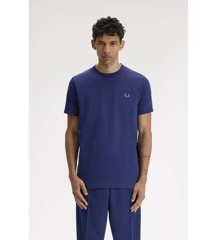 Fred Perry para hombre. M3519 Camiseta ringer azul (S), Casual, Algodón, Manga corta