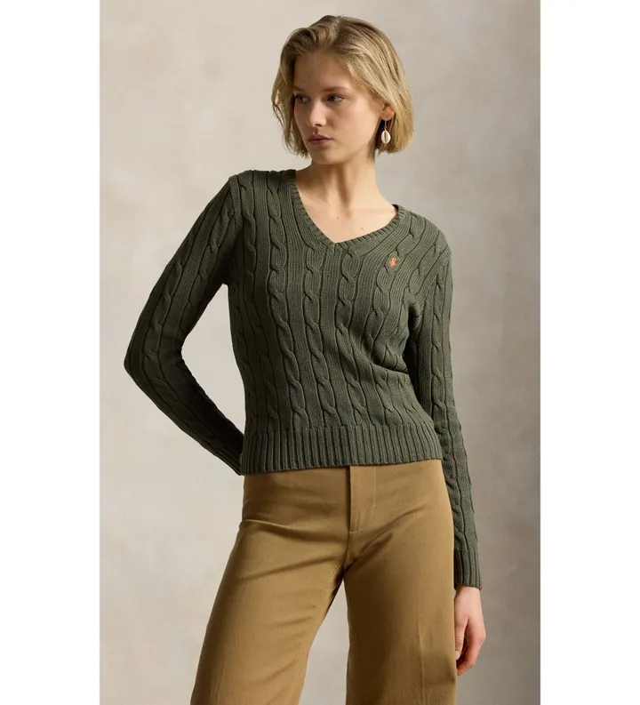 Polo Ralph Lauren para mujer. 211971870511 Jersey de algodón en punto de ochos verde (L), Casual, Manga larga