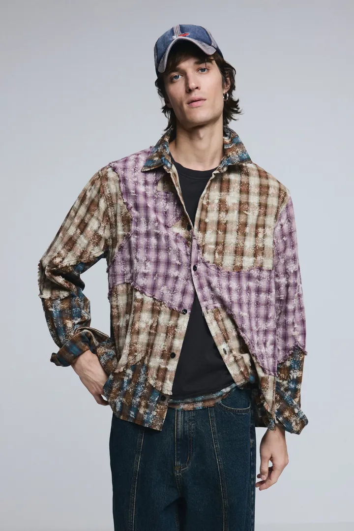 Desigual, Camisa manga larga cuadros patch, Hombre, Algodon, Amarillo, L