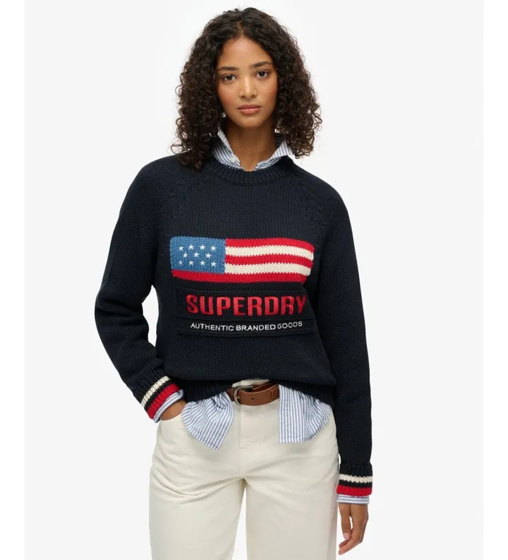 Superdry para mujer. W6110699A Jersey Americana marino (L), Casual, Algodón, Manga larga