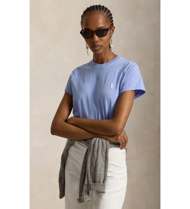 Polo Ralph Lauren para mujer. 211B14605025 Camiseta de punto de algodón Classic Fit azul claro (L), Casual, Manga corta