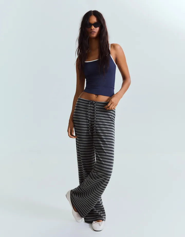 Bershka Pantalón Straight Print Rayas Mujer L Gris Oscuro