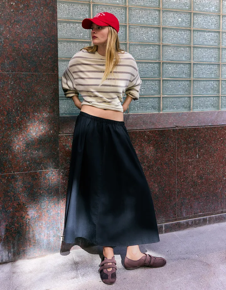 Bershka Falda Midi Cintura Elástica Mujer L Negro