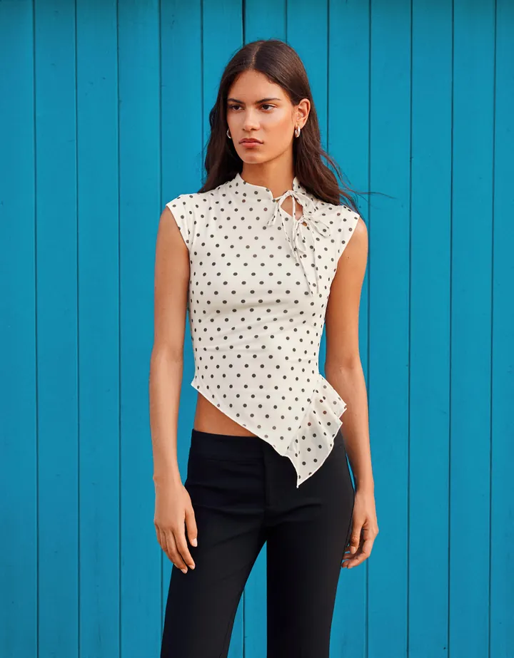 Bershka Camiseta Manga Corta Tul Lunares Mujer L Blanco Roto