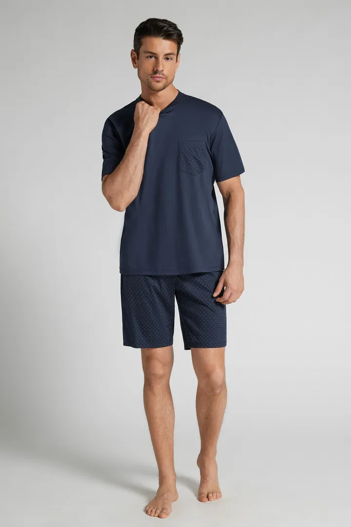 Intimissimi Pijama Corto de Algodón Premium Mercerizado Estampado Lunares Hombre Azul Tamaño L