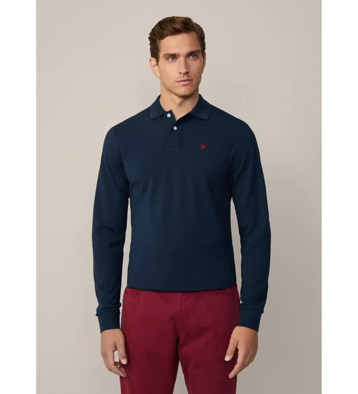 Hackett London para hombre. HM550887 Polo piqué manga larga fit clásico marino (L), Casual, Algodón