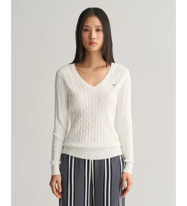 Gant para mujer. 4800101 Jersey de punto de ochos elástico blanco (L), Casual, Algodón, Manga larga