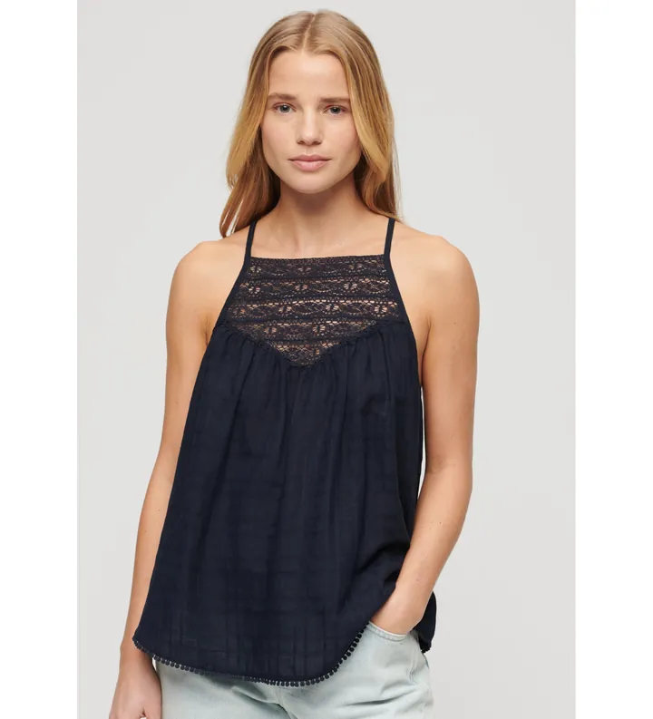 Superdry para mujer. W6011860A Camiseta de tirantes de encaje marino (L), Casual, Viscosa, Sin mangas / Tirantes