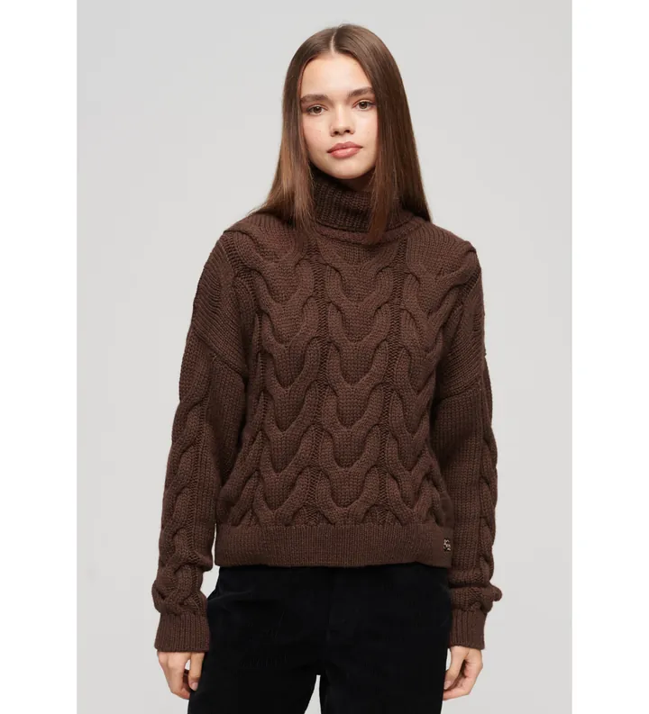 Superdry para mujer. W6110546A Jersey de punto trenzado con cuello de polo marrón (L), Casual, Acrílico, Manga larga