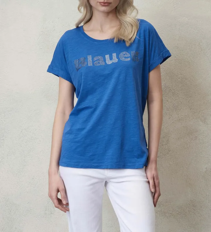Blauer para mujer. 24SBLDH02336 Camiseta Glitter azul (L), Casual, Algodón, Manga corta