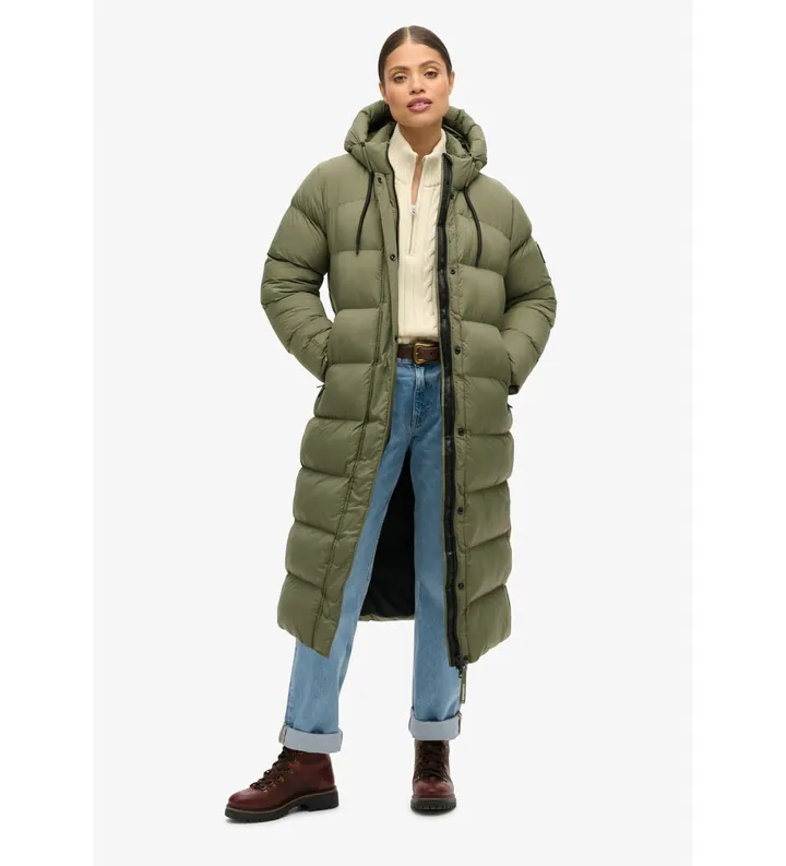 Superdry para mujer. W5011735A Chaqueta acolchada larga Ripstop verde (L), Casual, Poliéster Reciclado, Sostenible