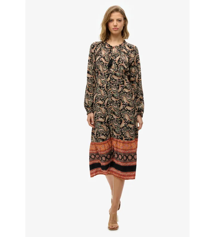 Superdry para mujer. W8011887A Vestido midi estampado negro (S), Casual, Manga larga, Algodón Orgánico, Sostenible