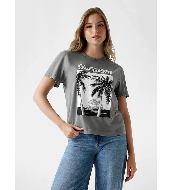 Guess para mujer. W5YI17I3Z14 Camiseta estampada gris (XS), Casual, Algodón, Manga corta