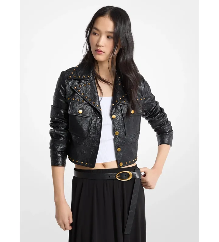 Michael Kors para mujer. MT620LKL4K Chaqueta de cuero FX tachonada negro (36), Casual, Poliéster