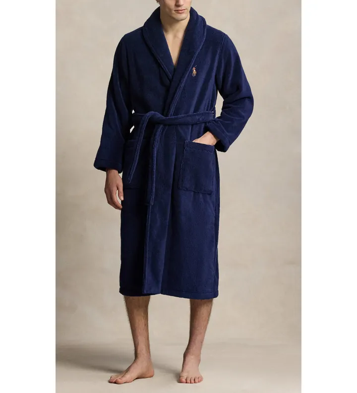 Polo Ralph Lauren para hombre. 714899683009 Bata de felpa con cuello chal marino (L-XL), Homewear, Algodón