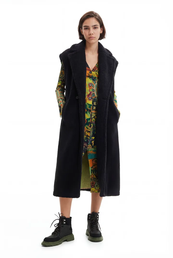 Desigual, Chaleco largo borreguillo, Negro, S