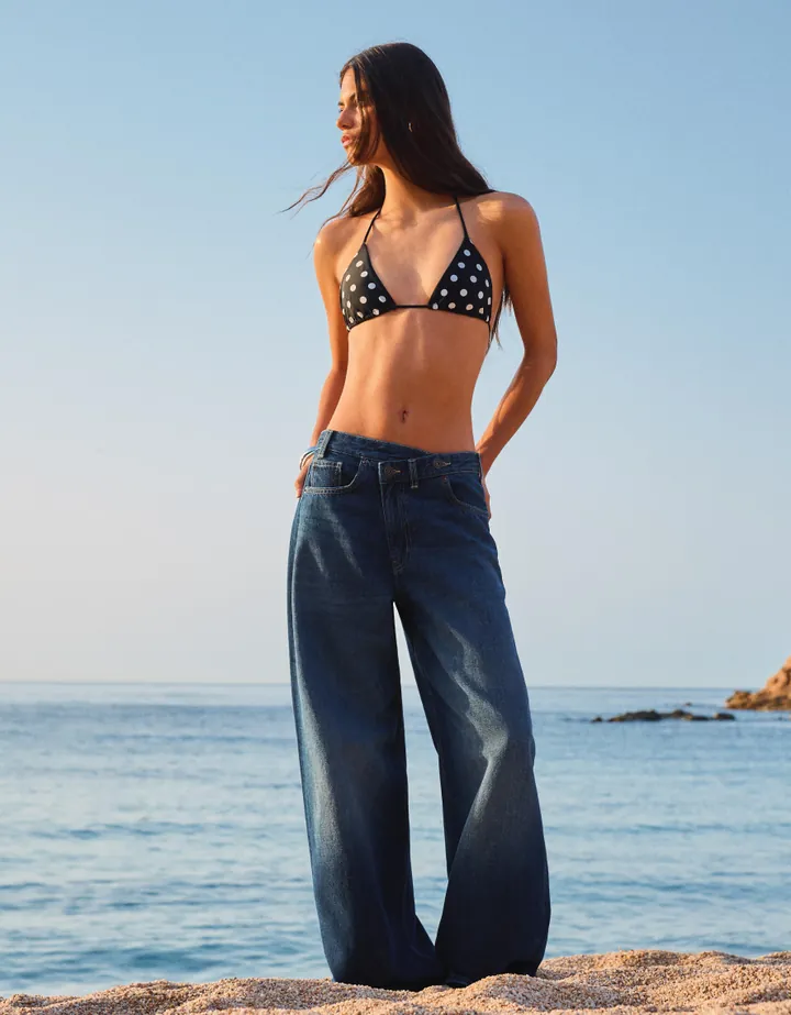 Bershka Jeans Wide Cintura Cruzada Mujer 32 Azul