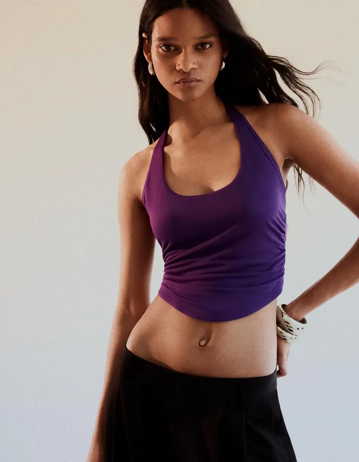 Bershka Top Halter Nudo Espalda Mujer L Morado