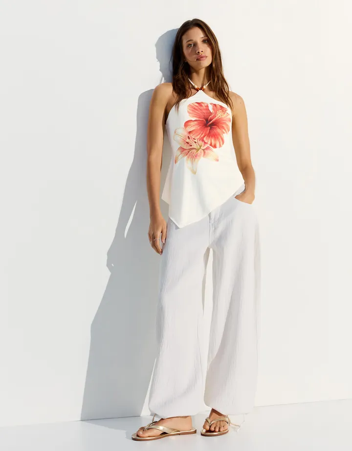 Bershka Top Cuello Halter Print Mujer L Blanco Roto