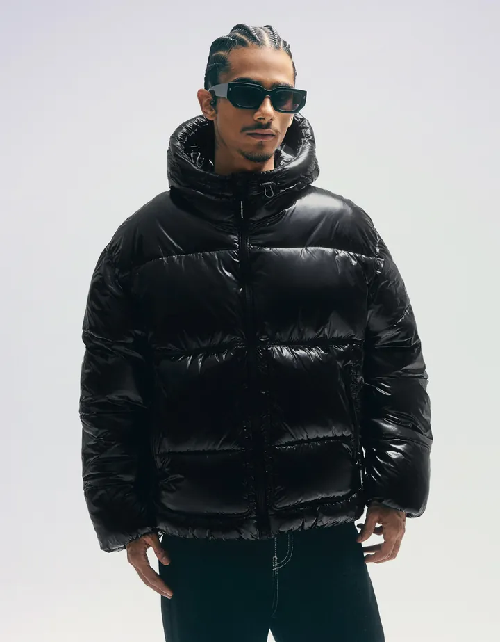Bershka Cazadora Puffy Capucha Hombre L Negro