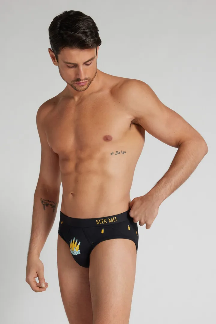 Intimissimi Slip Algodón Superior Estampado Botellas Cerveza Hombre Negro Tamaño 38