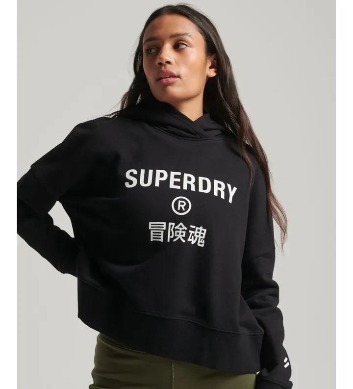 Superdry para mujer. W2011829A Sudadera Core Sport corta de corte cuadrado con capucha negro (14), Casual, Algodón, Manga larga