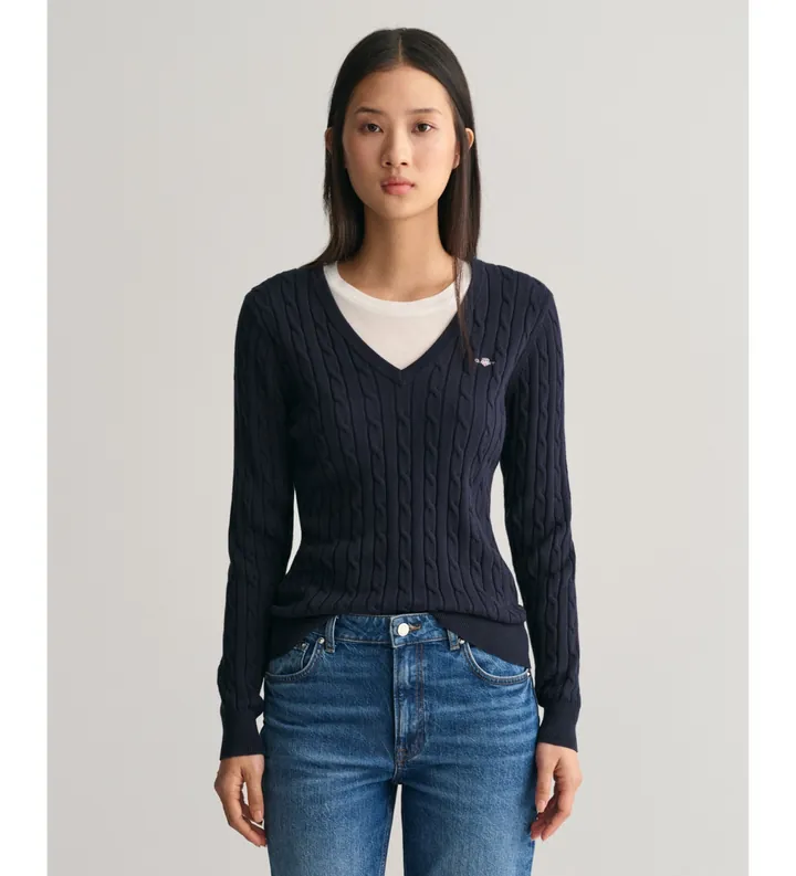 Gant para mujer. 4800101 Jersey de punto de ochos con cuello de pico en algodón elástico marino (L), Casual, Manga larga