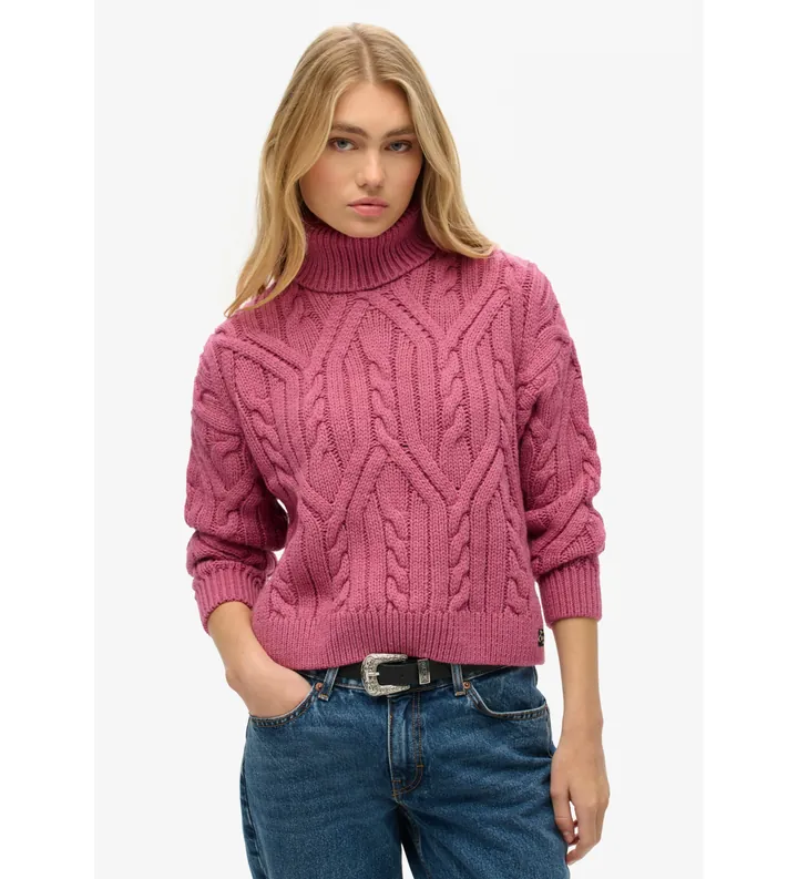 Superdry para mujer. W6110548A Jersey De Punto Trenzado Con Cuello De Polo rosa (L), Casual, Acrílico