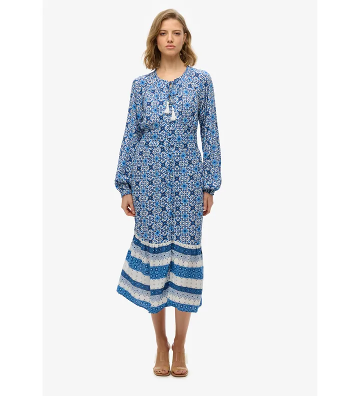 Superdry para mujer. W8011887A Vestido midi estampado azul (S), Casual, Manga larga, Algodón Orgánico, Sostenible