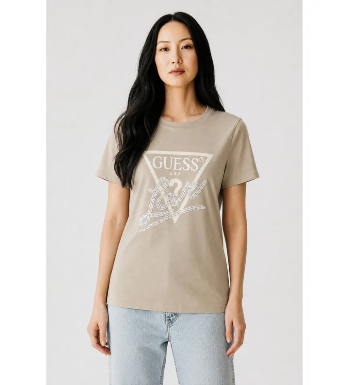 Guess para mujer. W5YI40I3Z14 Camiseta Triángulo con perlas beige (M), Casual, Verde, Piel, Manga corta