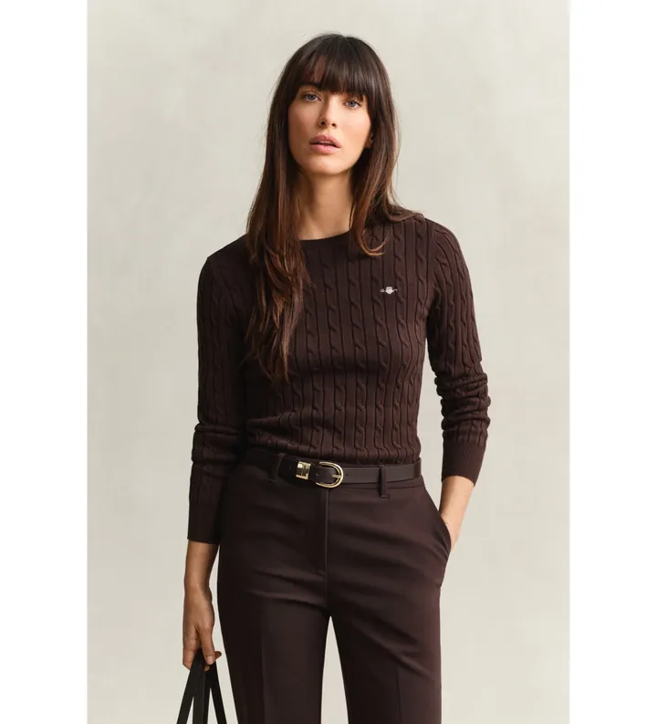 Gant para mujer. 4800100 Jersey de cuello redondo y punto de ochos en algodón elástico marrón (L), Casual, Clásico, Manga larga