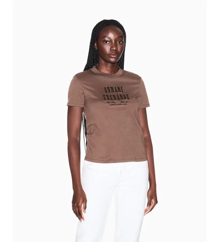 A|X Armani Exchange para mujer. XW002334AF10358U6136 Camiseta boxy marrón (XL), Casual, Algodón, Manga corta