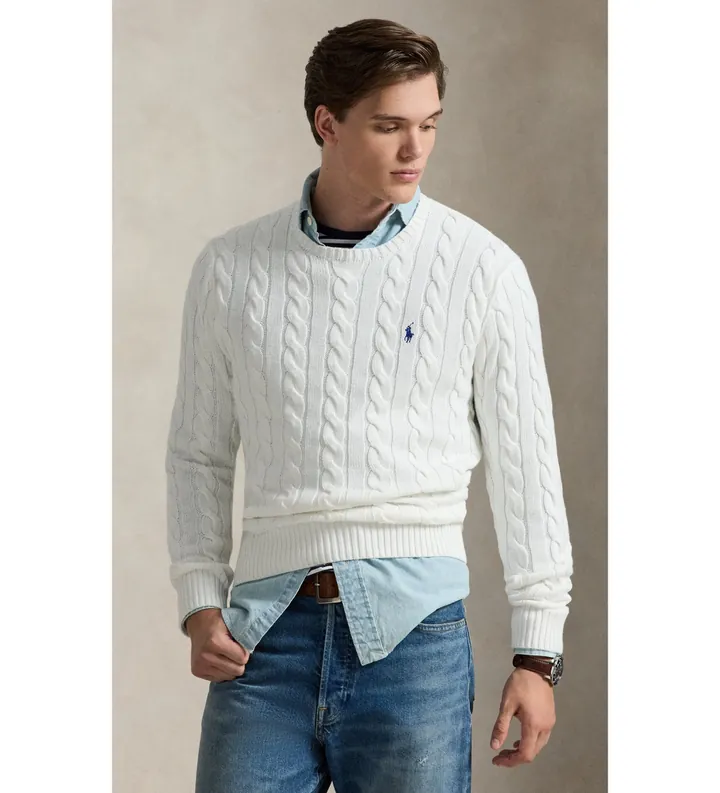 Polo Ralph Lauren para hombre. 710775885033 Jersey de algodón en punto de ochos blanco (L), Casual