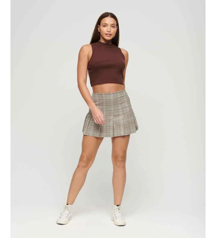 Superdry para mujer. W7210239A Minifalda plisada de tweed Vintage marrón (M), Casual, Poliéster